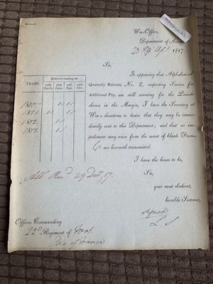 Quarterly Pay Returns 1810-13 - War Office Letter 22nd Regiment of Foot France - Image 1 of 4