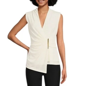 NWT Donna Karan V Neck Blouse Top With Hardware and Ruched Detail Cream Size M - Picture 1 of 15