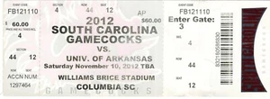 Boleto de fútbol americano South Carolina Gamecocks juego de Arkansas 2012 Williams Brice - Imagen 1 de 2