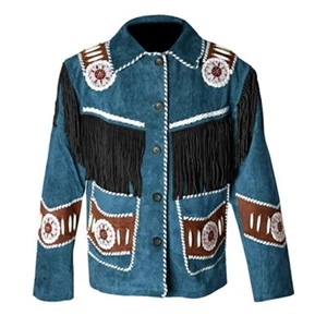 Women American Native Western Cowboy Suede Leather Jacket Fringe & Beaded - Blue - Picture 1 of 4