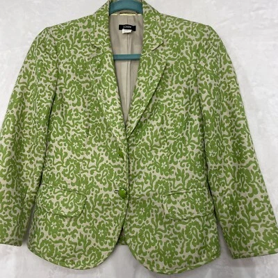 J Crew 复古提花佩斯利西装外套亚麻混纺女式 2 绿色象牙色衬里 — 第 1/4 张图片