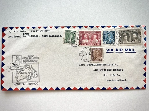 Vintage Cover Canada 1939 Via Air Mail Montreal to Botwood Cover
