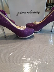 Get More Beauty Shoes sz 6, 4" metallic stud trim, glitter finish,satin rosette - Picture 1 of 9
