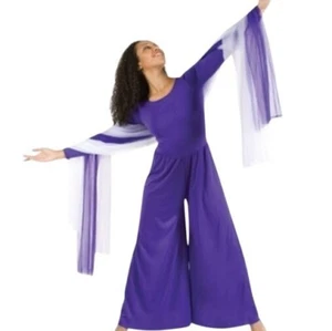 Body Wrappers Praise Dance Jumpsuit Size M Palazzo Pants Worship Purple Zip Back - Picture 1 of 11