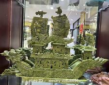 China Pure Green Nan Jade stone Carved Dragon Sailboat Boat Home Art Decoration 