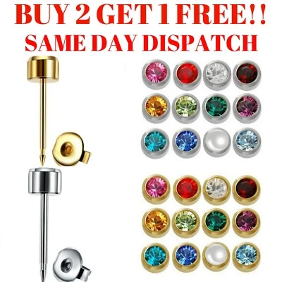 Gem Earrings Ear Studs Stud Piercings Surgical Steel Pair Silver Rose Gold UK - Image 1 of 4