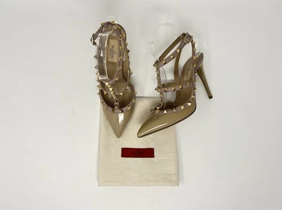 Valentino Garavani Rockstud Patent Caged Slingback High Heels Pumps Tan 37 7 - Image 1 of 4