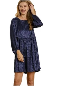 Mini Vestido Umgee Leopardo Estampado Animal Jacquard Manga Larga Satinado Para Mujer en Azul Marino - Imagen 1 de 4