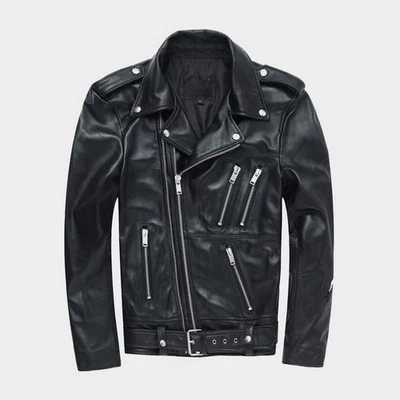 Men’s Custom Black Leather Biker Jacket Classic Motorcycle Coat Zip Pockets Belt - Image 1 of 3