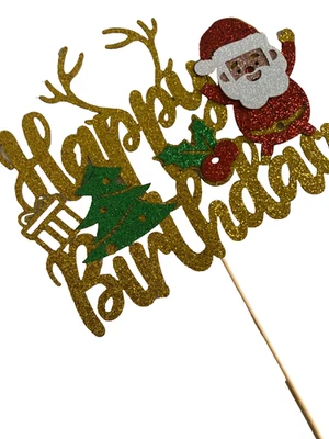 Navidad Santa Feliz Cumpleaños Dorado Brillante Pastel Topper Nuevo Foto 1 de 4
