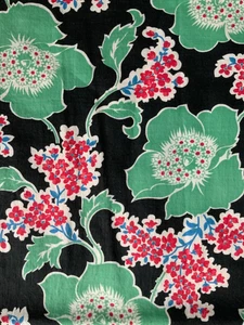 NEU Vintage 40er Baumwolle Schneiderei Quilt Stoff Jade Grün Rot Blumen Schwarz - Bild 1 von 7