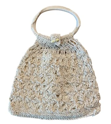 Shell Crochet Woven Purse Ivory Round Handles Casual Beach Shoulder Bag - Image 1 of 4