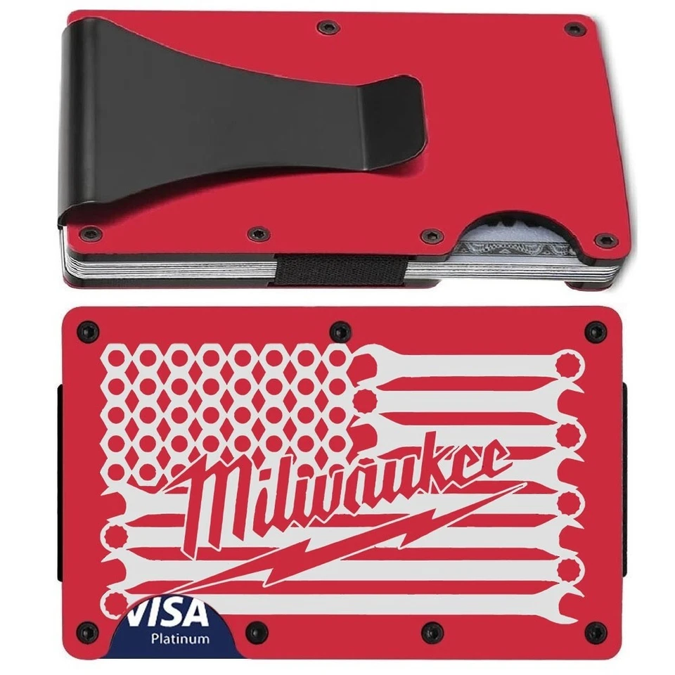 Custom Milwaukee Tool  Flag Engraved Titanium Carbon Red RFID Blocking Wallet D7 - Image 1 of 4