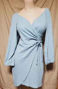 L- Exlura New Collection Light Blue Faux Wrap 3/4 Dress w/Strings 34+" Chest - Picture 1 of 6