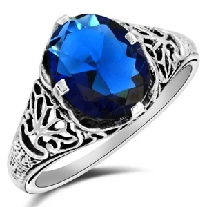 3CT Treated Blue Sapphire 925 Sterling Silver Victorian Style Ring Sz 6 XB3 - Picture 1 of 4