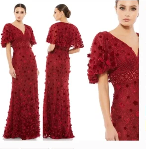 MAC DUGGAL 67712 EMBELLIHSED 3D FLORAL BURGUNDY FLUTTER SLEEVE GOWN  4 - Foto 1 di 5