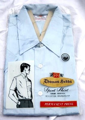 Vintage Novo Estoque Antigo Thomas Hobbs Azul Céu Manga Curta Botão para Cima Tamanho Médio - Imagem 1 de 4