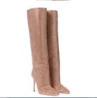 Women's Rhinestone Knee High Boots Pull On 11.5Cm High Heels Shoes Pointy Toe 43