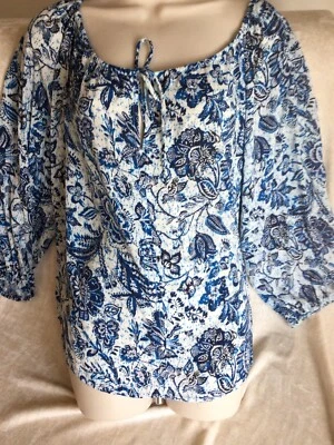 Adorable Blusa Campesina Estampada Azul Terciopelo de Graham and Spenser Odet Talla XL Foto 1 de 4