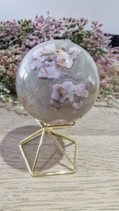 Flower Agate Crystal Sphere With Green Quartz 56.1mm 237g +Holder, Discounted - Picture 1 of 17
