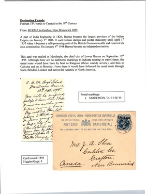 Cubierta estacionaria postal Moulmein Birmania 1895 a Grafton Nuevo Brunswick Canadá Foto 1 de 3