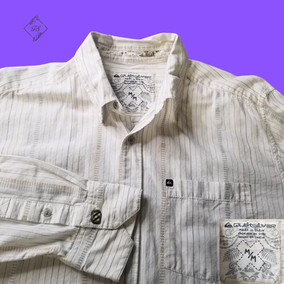 VTG Quicksilver Cream Striped Long Sleeve Button Up Shirt Metal Cuff Buttons - Image 1 of 4
