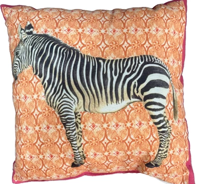 Pottery Barn Zebra Print Throw Pillow 18x18 Black and Orange Trimmed in Hot Pink - Image 1 of 4