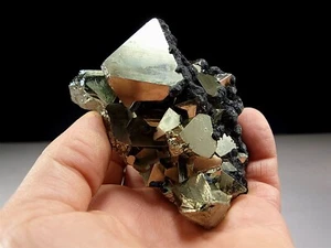 Pyrite & Sphalerite Crystal Cluster with Large Octahedron - Picture 1 of 8