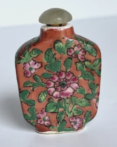 Vintage Chinese Snuff Bottle Floral Hand Painted No Marks Pink Green - Picture 1 of 11