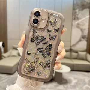 Coque souple transparente pailletée papillon pour iPhone 16 15 14 13 12 11 Pro Max - Photo 1 sur 26
