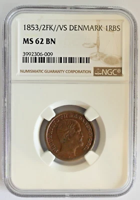 Denmark 1 Rigsbankskilling 1853 / 2 RARE OVERDATE NGC copper KM 756 1 Year Type - Image 1 of 4