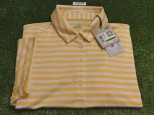 Puma Womens Mattr Somer Stripe Golf Shirt C.C. Logo Yellow/White Large New - Picture 1 of 3