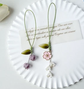 Women Girl Plum Tullip Flower Mobile Phone Strap Key Ring Charm Gift for her - Photo 1 sur 5