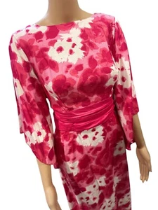 60s Ja-Na Watercolor Floral Pink White Hawaiian Gown Dress Angel Flare Sleeve - Picture 1 of 7