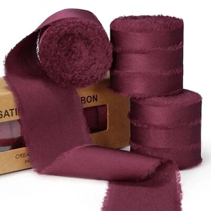 Burgundy Ribbon for Gift Wrapping Silk Satin Chiffon Frayed Fabric Ribbons fo... - Picture 1 of 7