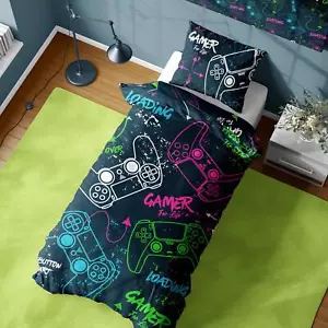 Gamer For Life Single Duvet Cover & Pillowcase Set Neon Gaming Room Reversible - Picture 1 of 3