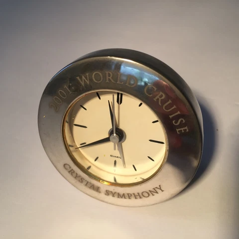 WORLD CRUISE CRYSTAL SYMPHONY Quartz Brass Silver Plated Travel Alarm Clock 2001 Cover