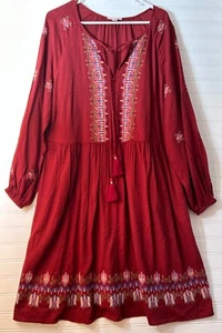 Knox Rose Women’s 1X Embroidered Cross Stitch Dress Red Tassels Boho - Picture 1 of 7