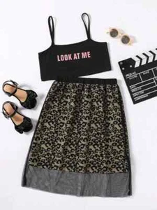 Shein girls 11-12yrs (150) Look at Me graphic crop top & leopard mesh hem skirt - Picture 1 of 2