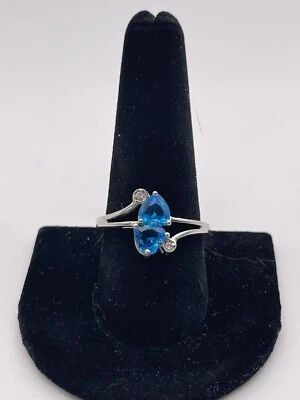 Sterling Silver Blue Stone Heart To Heart Ring Love Band Solid 925 Size 9.5 - Image 1 of 4