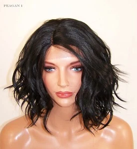 # 1 Jet Black Medium Layered Lace Front Wig Heat safe Beachy Waves Curls Pea - Picture 1 of 9