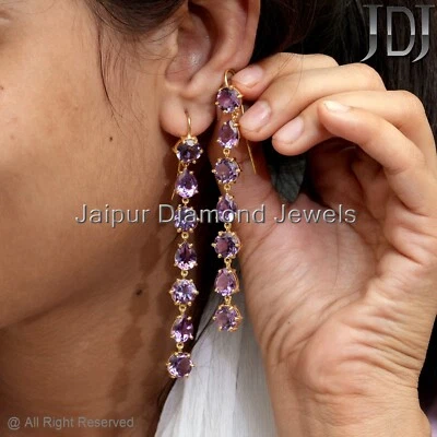 Natural Purple Amethyst Long Dangle Earrings Gold Plating 925 Silver Jewelry - Image 1 of 4