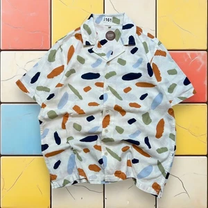 Common People Contour Camp Shirt  Mens S Abstract Ecru Button Up Resort Coastal - Picture 1 of 13