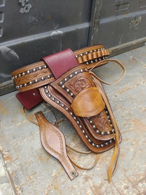 Western Gun Holster Belt Leather Revolver Pistol Tooled .22, .35/357 .44/45 Cal - Image 1 of 4