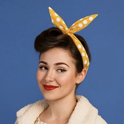 Set 2 Retro Twist Bow Wired Posable Headbands Neckerchiefs Yellow Black Polkadot - Image 1 of 4