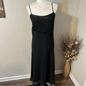 Vtg Casual Corner Womens Silk Midi Dress Size 16 Black Spaghetti Sequins Evening - Picture 1 of 12