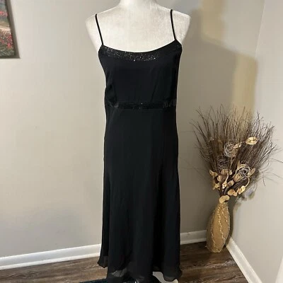 Vtg Casual Corner Womens Silk Midi Dress Size 16 Black Spaghetti Sequins Evening - Image 1 of 4