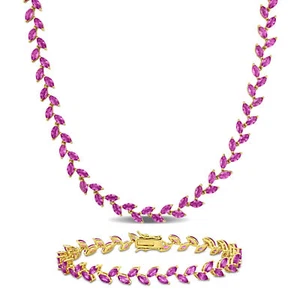 Amour Yellow Plated Sterling Created Pink Sapphire Leaf Necklace & Bracelet - Picture 1 of 7