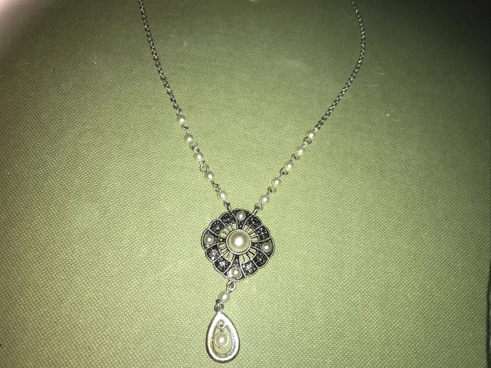 Vintage Trifari Crown Tag Pendant Necklace Silver Tone Faux Marcasite - Image 1 of 4