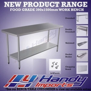 1500 x 390mm STAINLESS STEEL #304 FOOD PREP TABLE KITCHEN BENCH w/ SPLASH BACK - Picture 1 of 4